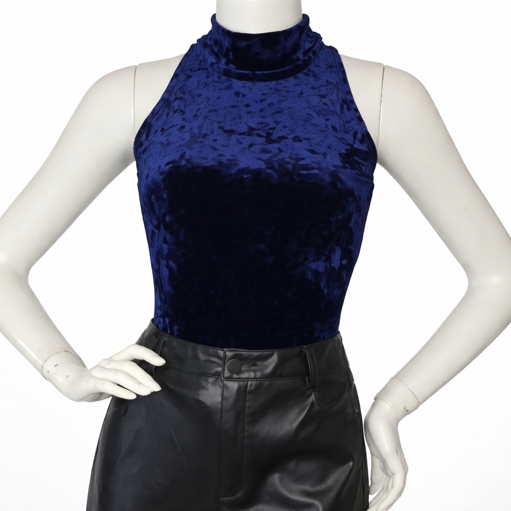 NWT Second Skin RD Style Navy Mock Neck Velvet Bodysuit Small
